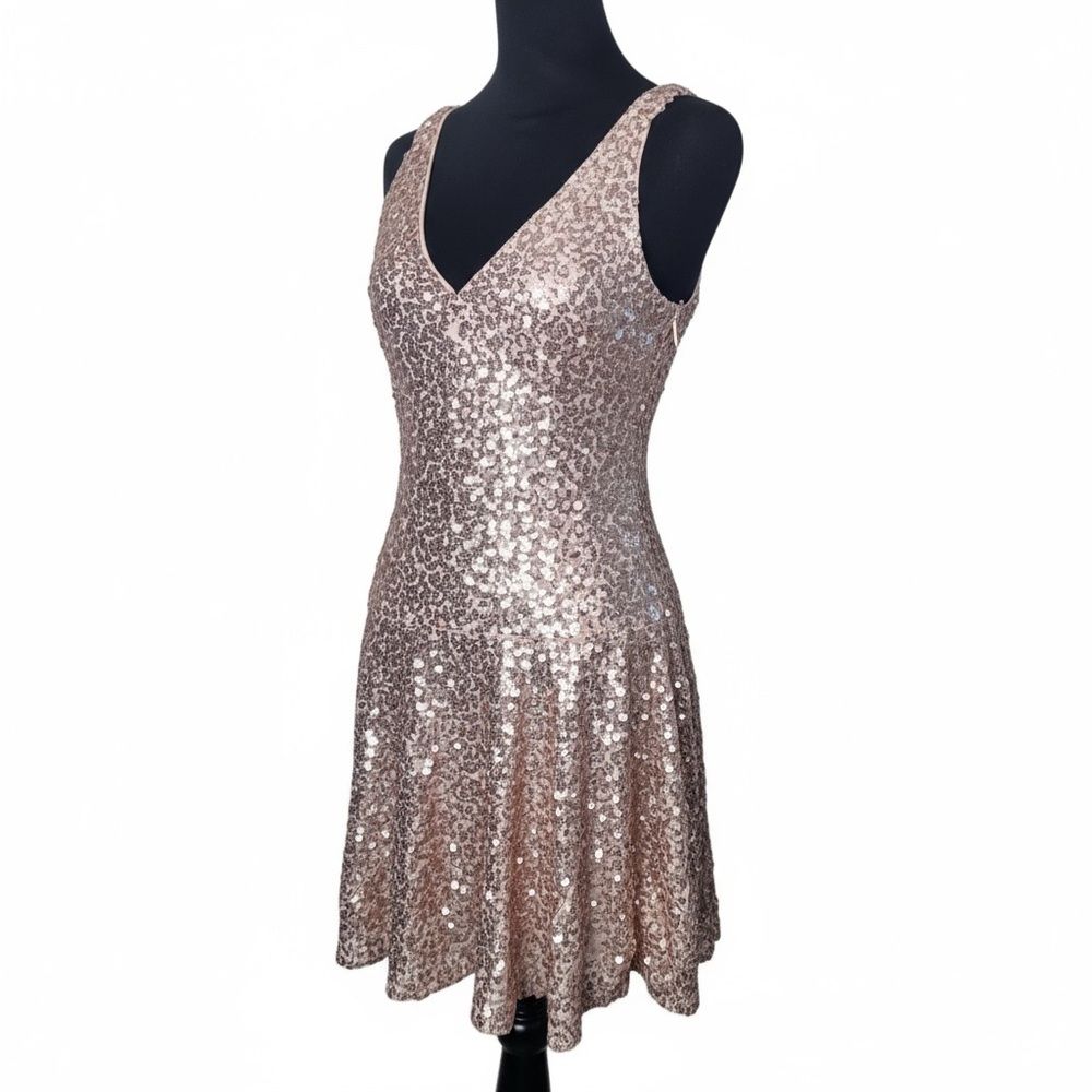 *Guess 6 Eloise Rose Gold Sequined Dress Size 6 Drop Waist Full Skirt Party Hoco